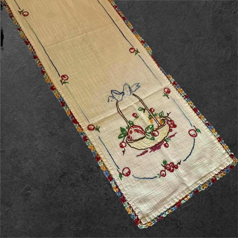 Vintage‎ Hand Embroidered Linen Table Runner Crochet Edge Cottagecore